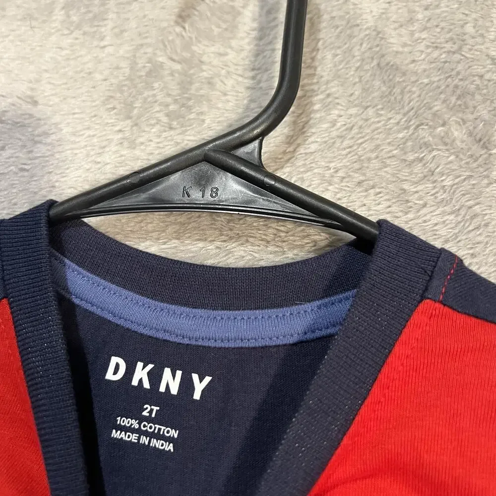 DKNY Shirt Toddler Boys 2T Red Blue Colorblock Graphic Logo Cotton Tee Crewneck